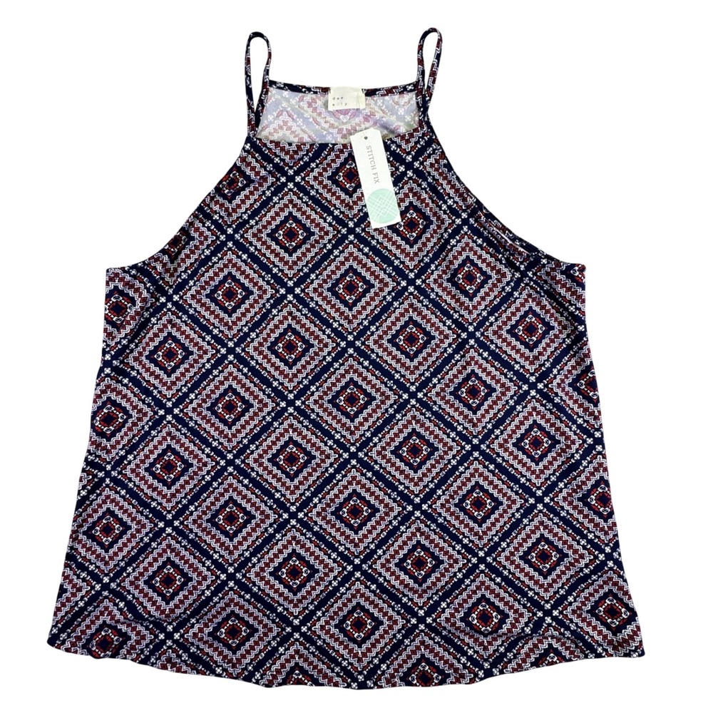 Dee Elly Blouse Shirt Women's XL Doriah Brushed Knit Halter Top Navy Red Diamond